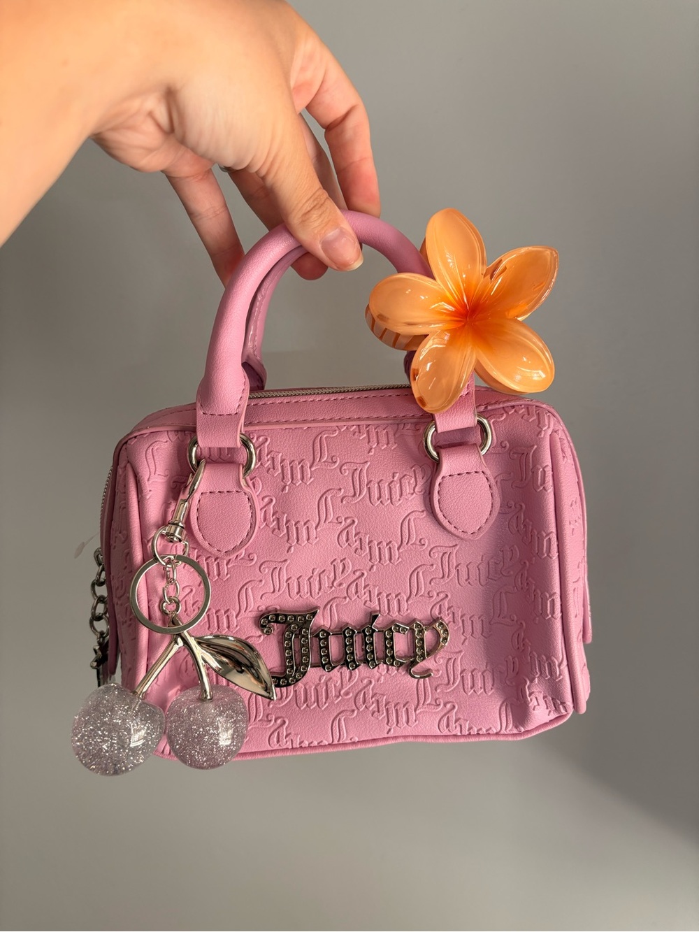 Y2K Juicy Couture Pink Mini Satchel with Cherry Charm and hair clip